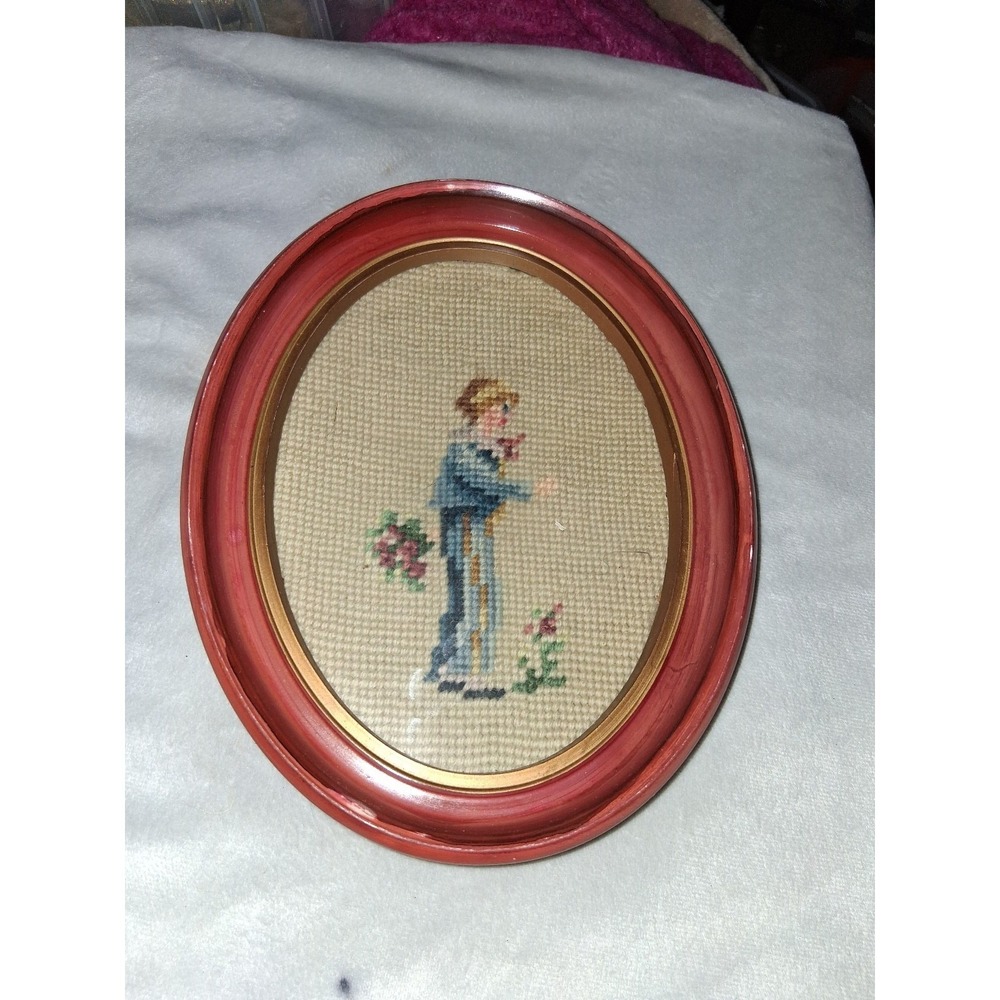 Vintage Needlepoint Gentleman With Flowers Oval Framed Wall Art 9x7